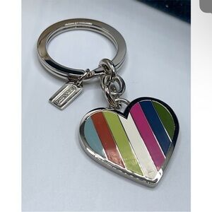 Coach Cashin Striped Heart Keychain with Silver Accents